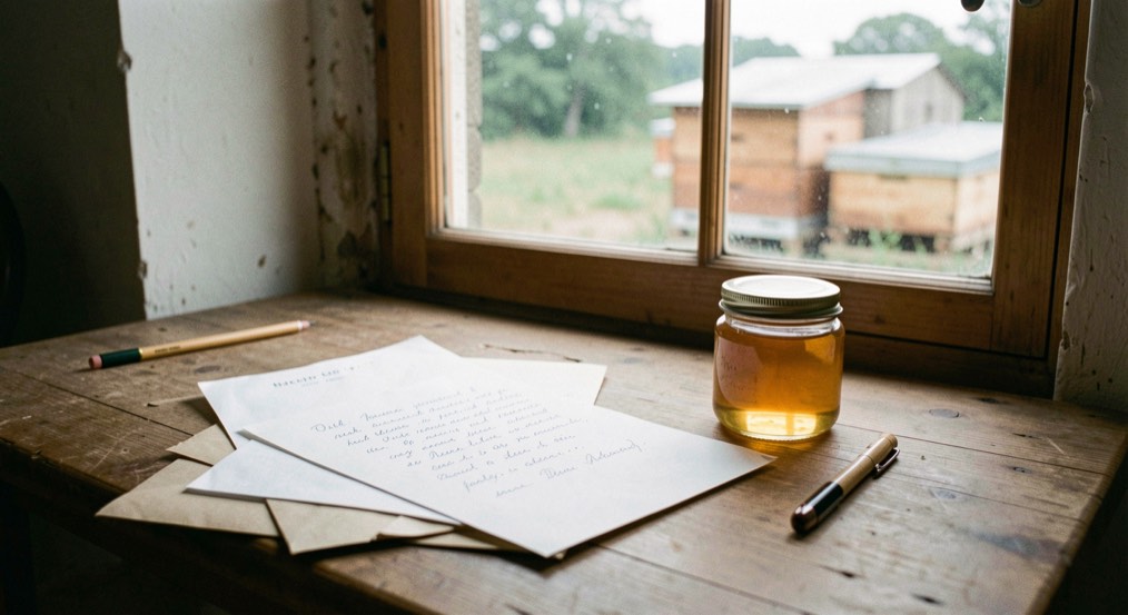 Bureau de campagne avec une lettre manuscrite dans une enveloppe, un pot de miel fermé posé en presse-papier et une fenêtre donnant sur un rucher