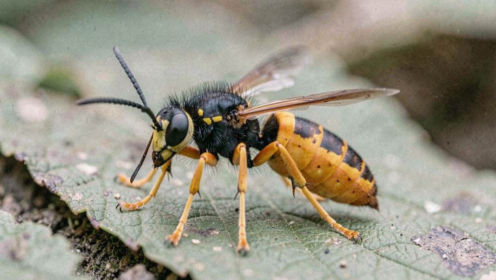 Plan rapproché d’un frelon à pattes jaunes posé sur une feuille, thorax velu noir, segment terminal de l’abdomen orangé, pattes jaunes visibles