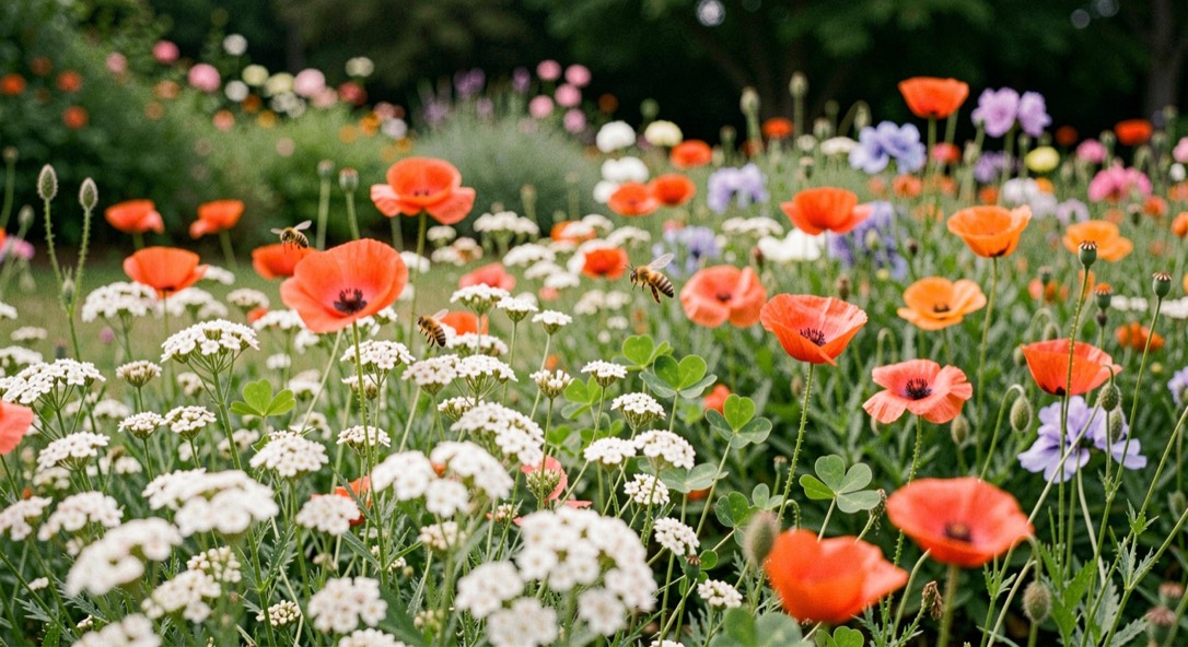 Jardin de cœur en plein été avec une bande fleurie de bourrache, coquelicots et trèfle, un bourdon et deux abeilles visibles sur les fleurs