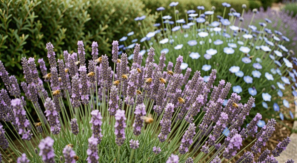 Rangée de lavande en fleurs fréquentée par des abeilles butineuses, en arrière-plan une bordure de bourrache et de phacélie en fleurs bleutées